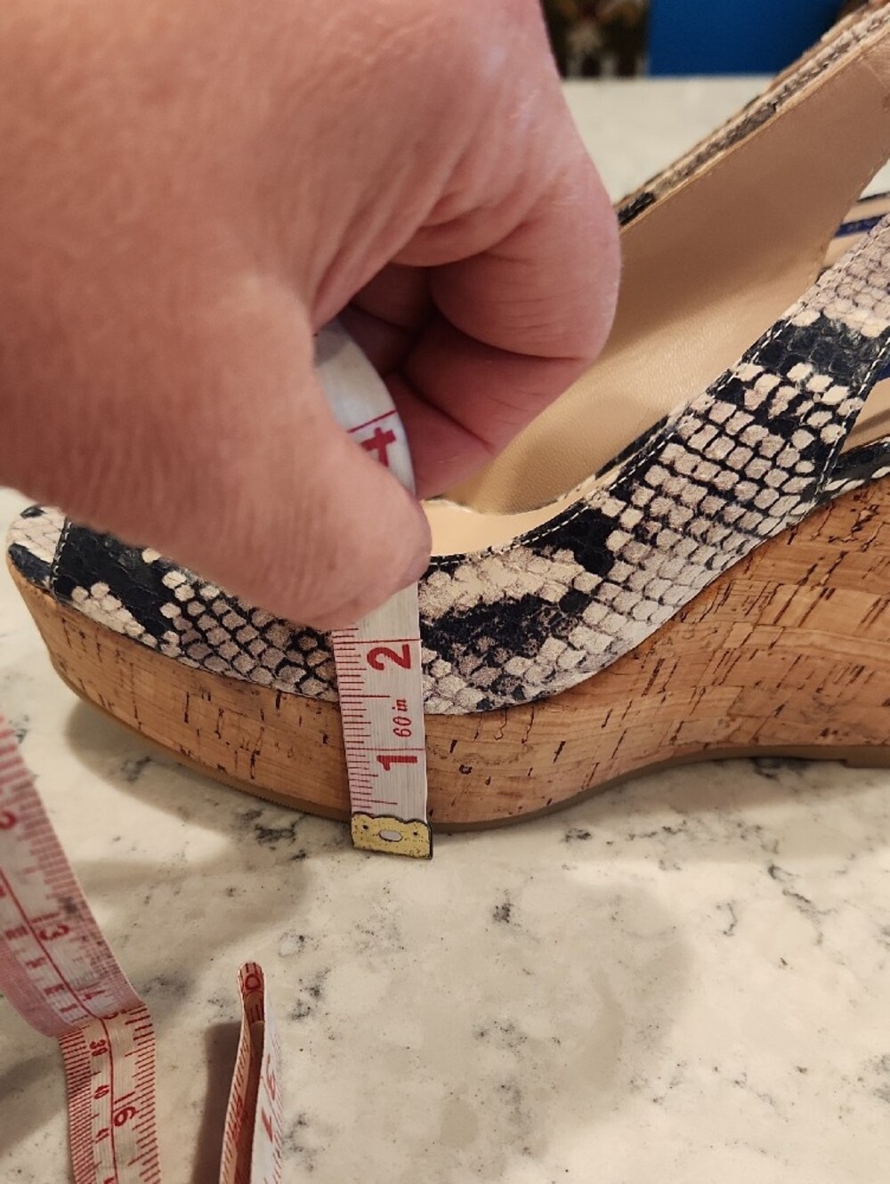 Stuart Weitzman Beige and Dark Navy Snake-Print Slingback Wedges - Picture 9 of 9